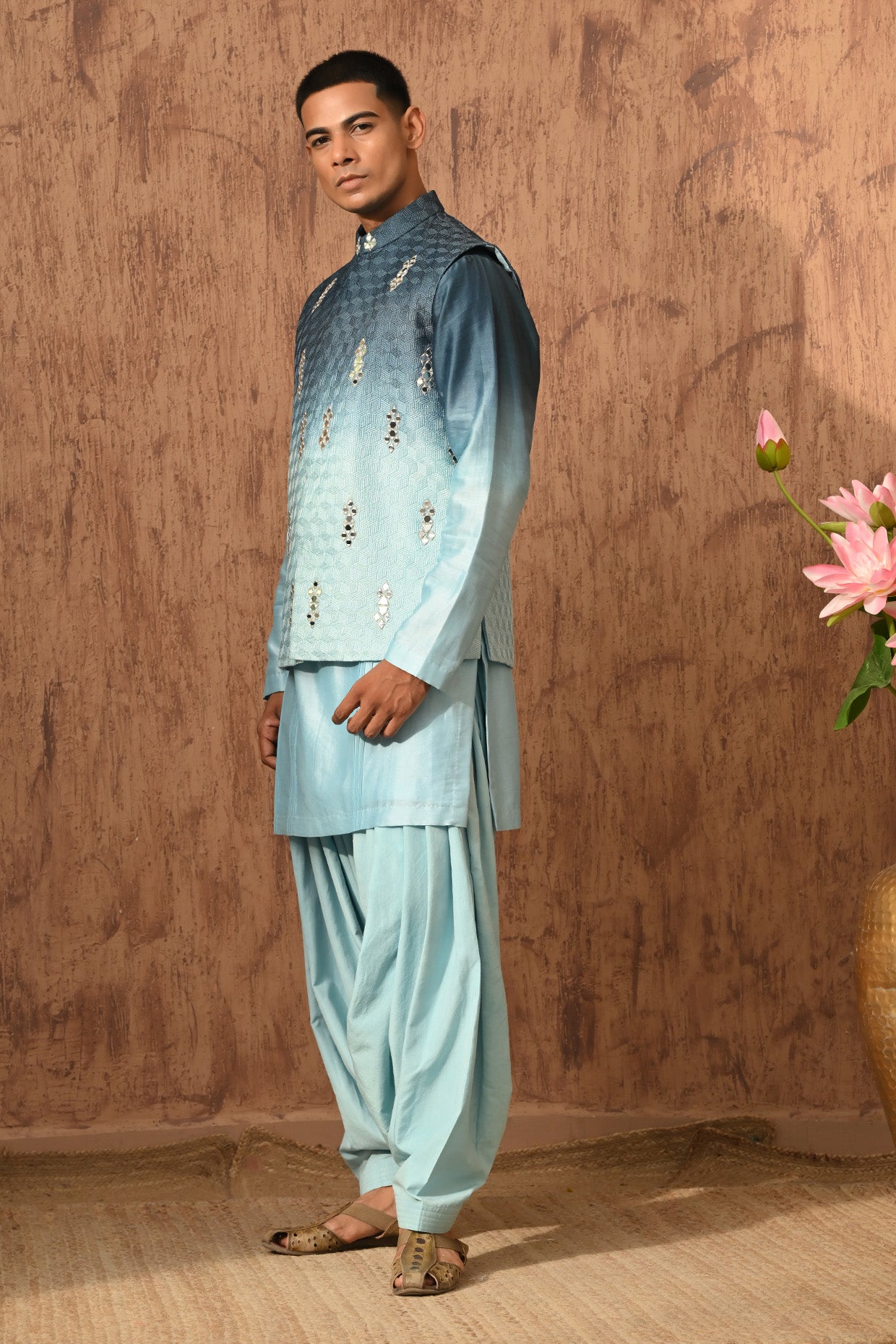 BLUE CHANDERI mens kurta salwar nehru jacket with mirrorwork