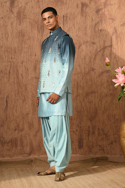 BLUE CHANDERI mens kurta salwar nehru jacket with mirrorwork