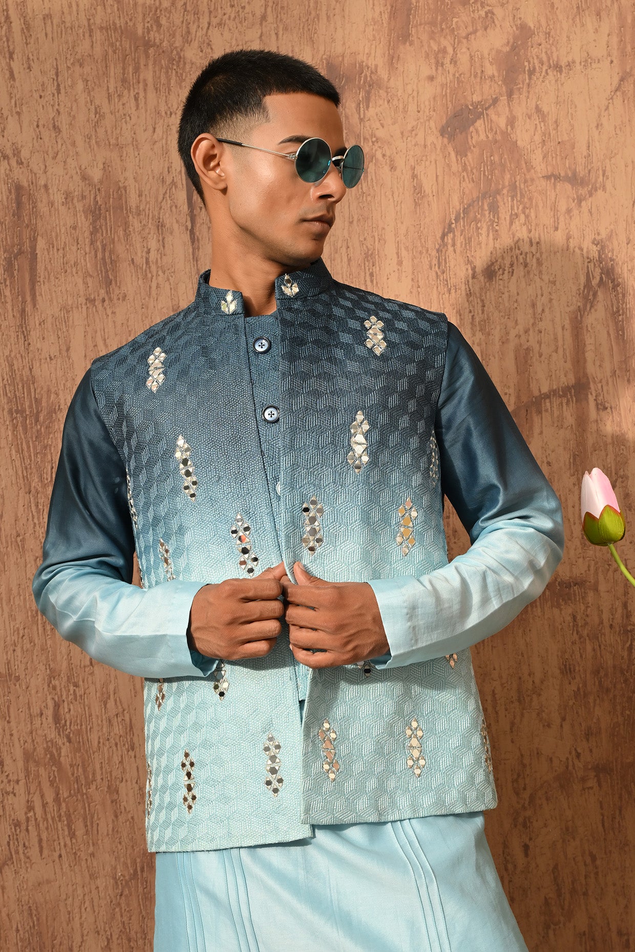 BLUE CHANDERI mens kurta salwar nehru jacket with mirrorwork