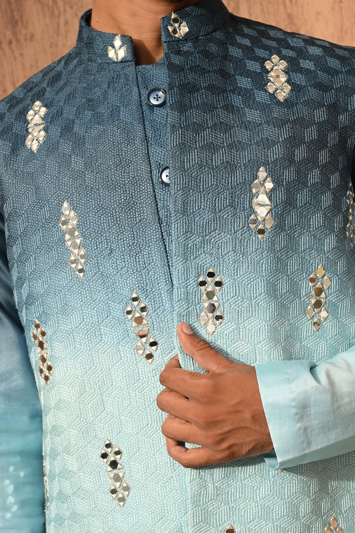 BLUE CHANDERI mens kurta salwar nehru jacket with mirrorwork