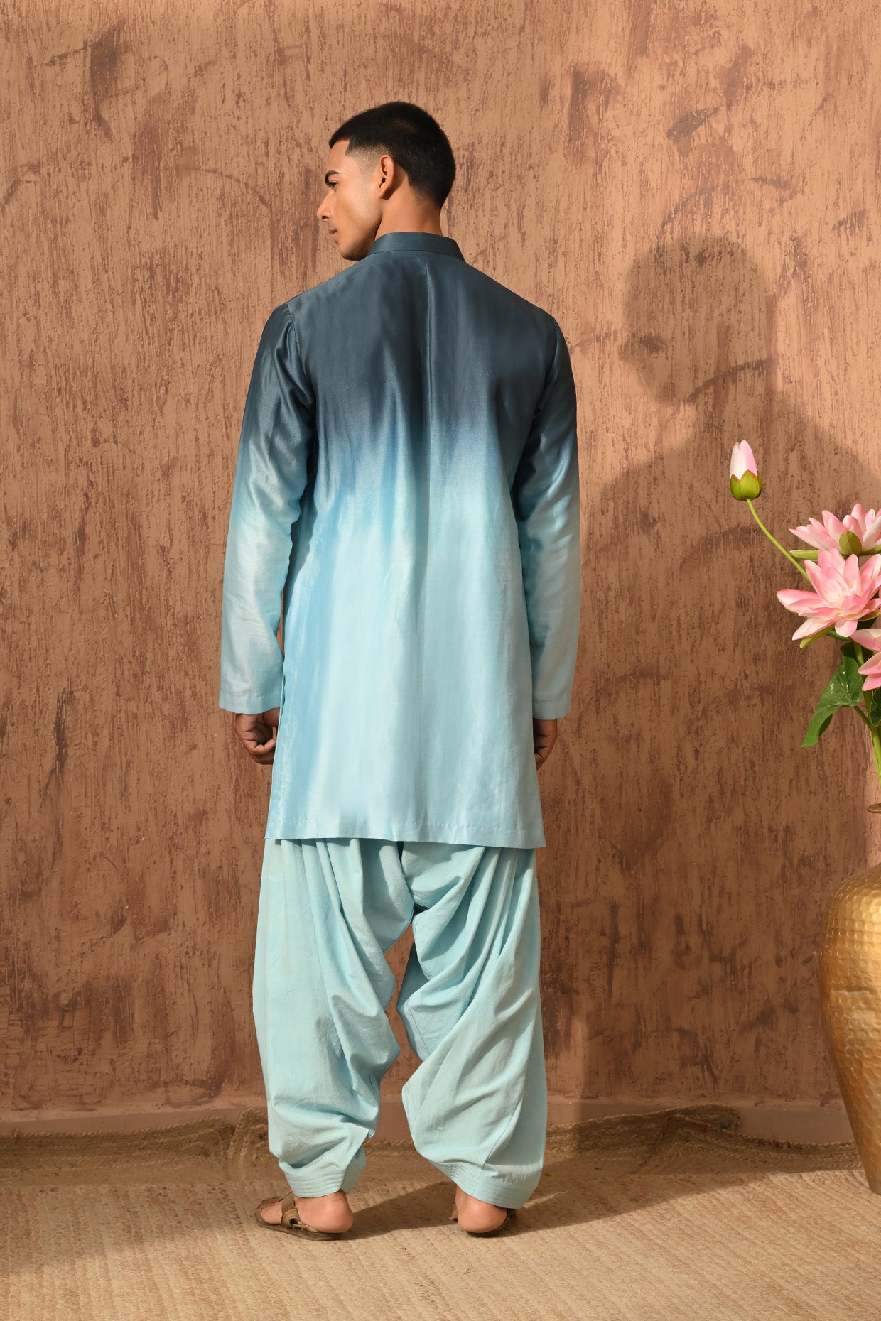 BLUE CHANDERI mens kurta salwar nehru jacket with mirrorwork