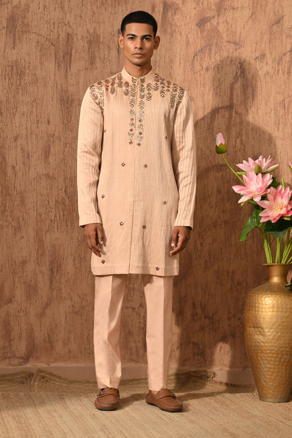 ROSE GOLD LINEN SATIN mens kurta pant with zardozi