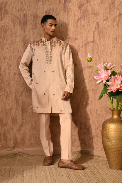 ROSE GOLD LINEN SATIN mens kurta pant with zardozi