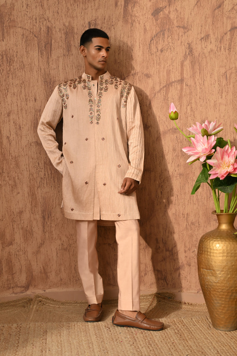 ROSE GOLD LINEN SATIN mens kurta pant with zardozi