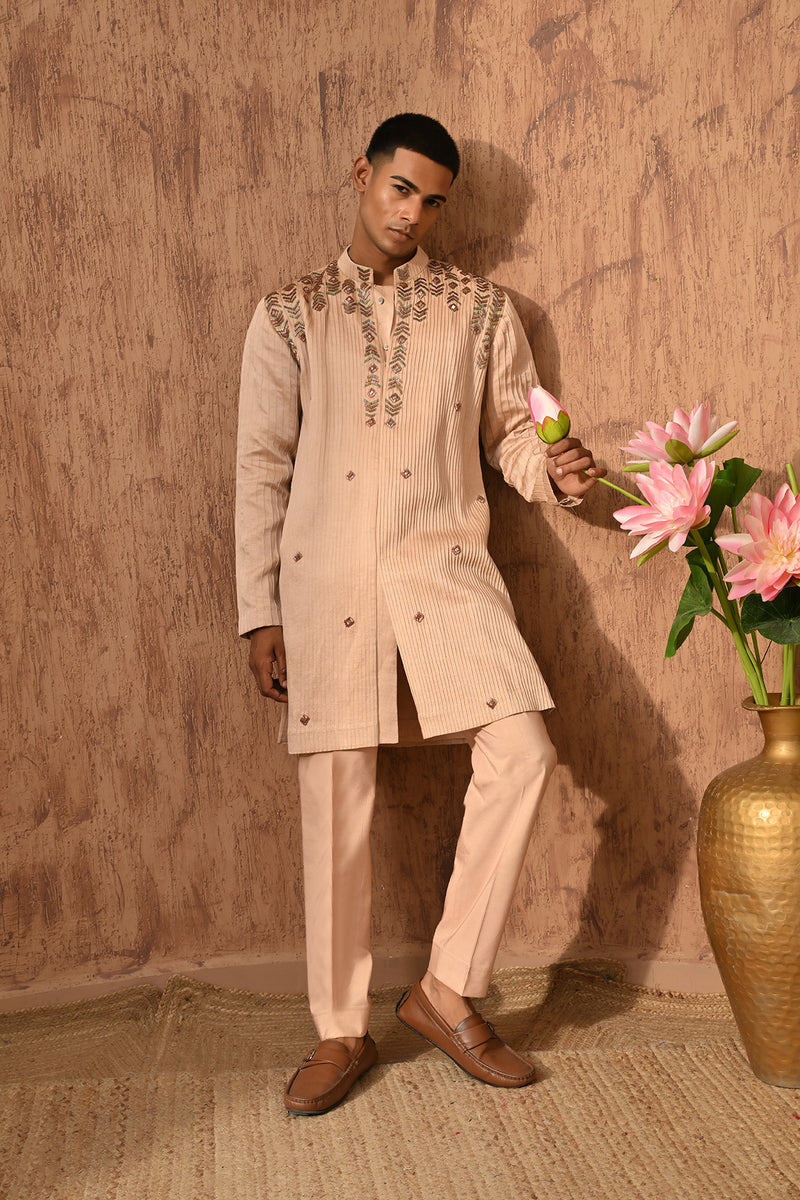 ROSE GOLD LINEN SATIN mens kurta pant with zardozi
