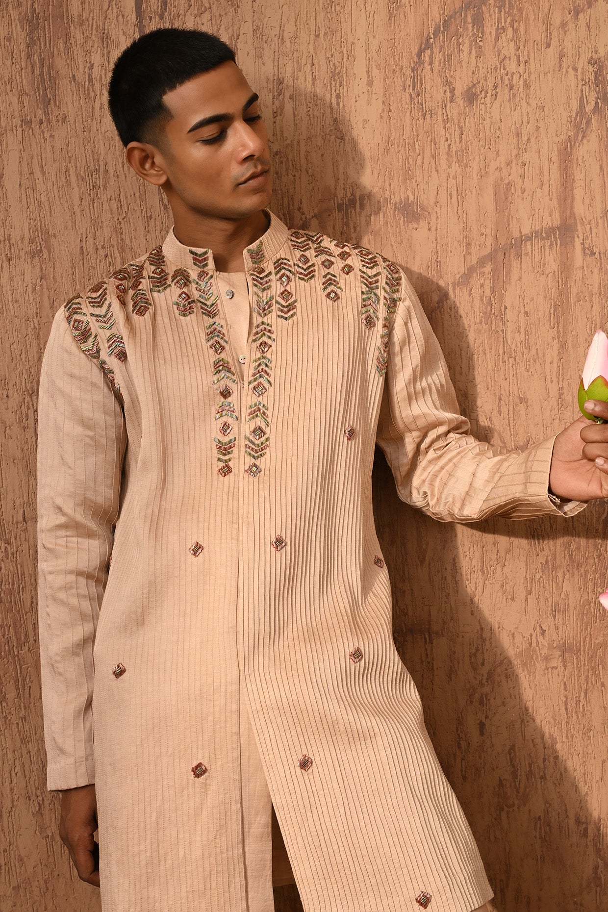ROSE GOLD LINEN SATIN mens kurta pant with zardozi