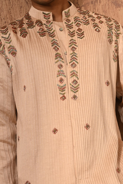 ROSE GOLD LINEN SATIN mens kurta pant with zardozi
