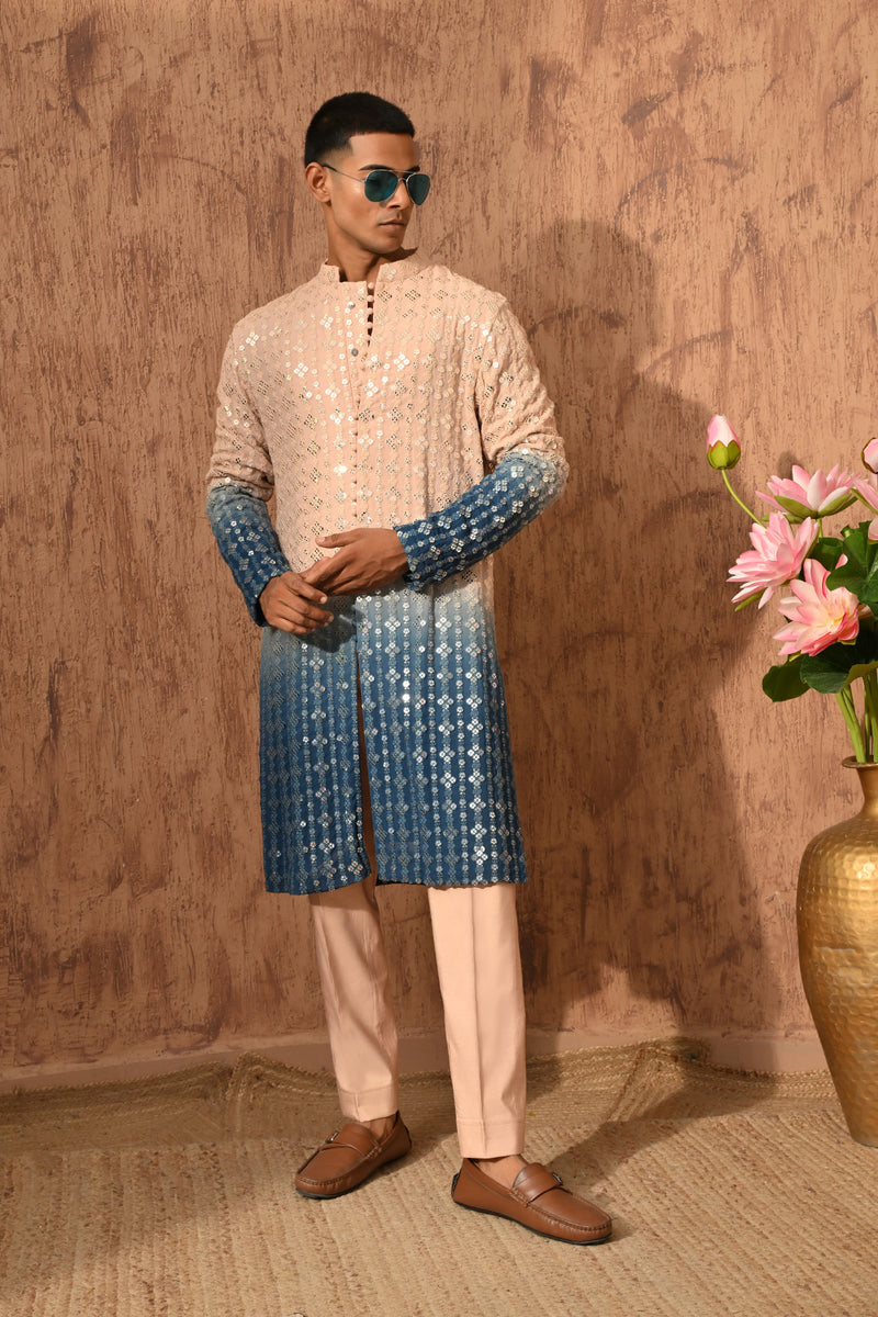 ROSE GOLD/BLUE GEORGETTE mens kurta pant with sequencework