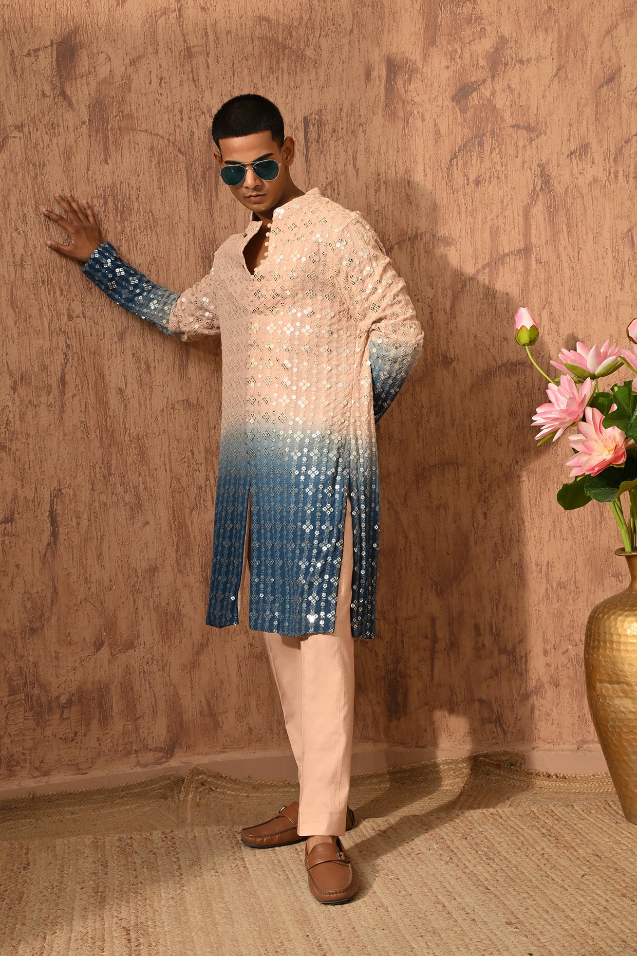 ROSE GOLD/BLUE GEORGETTE mens kurta pant with sequencework