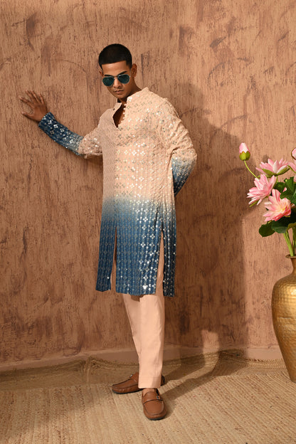 ROSE GOLD/BLUE GEORGETTE mens kurta pant with sequencework
