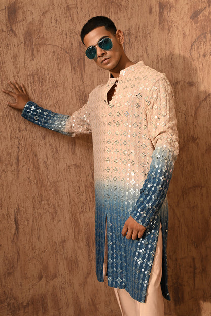 ROSE GOLD/BLUE GEORGETTE mens kurta pant with sequencework