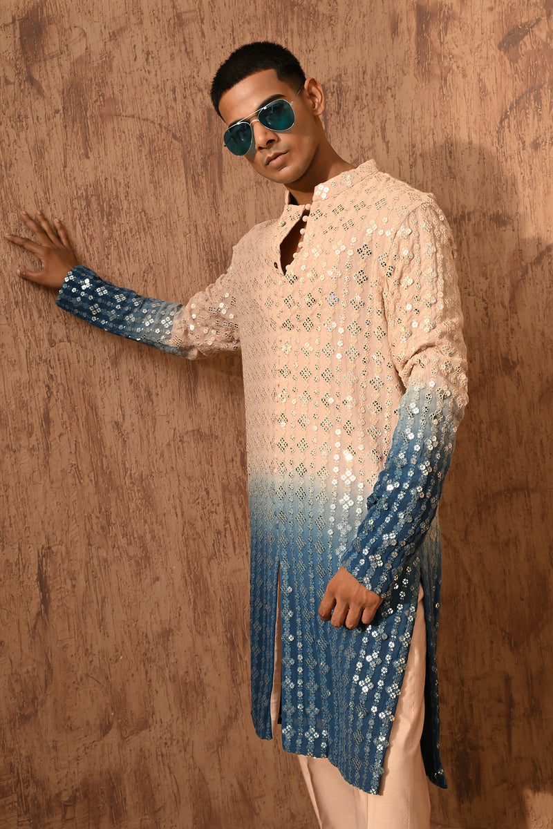 ROSE GOLD/BLUE GEORGETTE mens kurta pant with sequencework