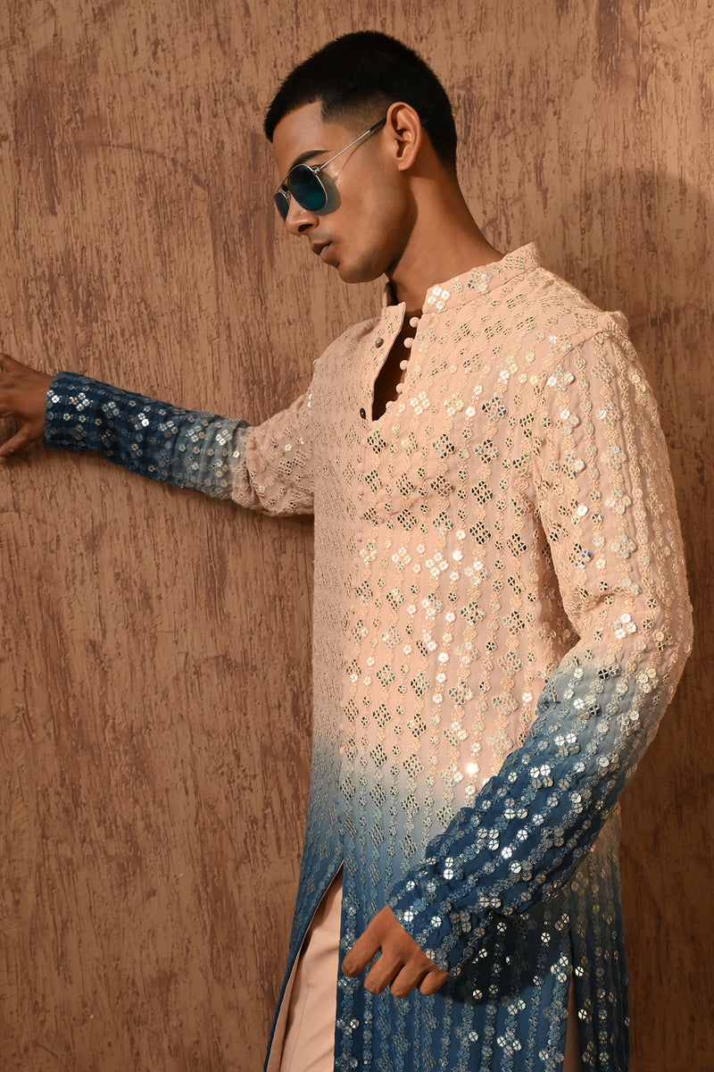 ROSE GOLD/BLUE GEORGETTE mens kurta pant with sequencework