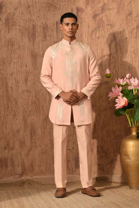 ROSE GOLD COTTON TUSSER mens kurta pant with leather work
