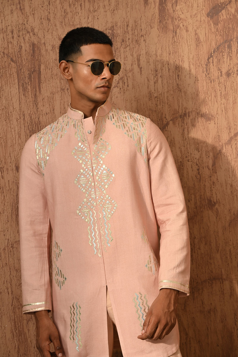 ROSE GOLD COTTON TUSSER mens kurta pant with leather work