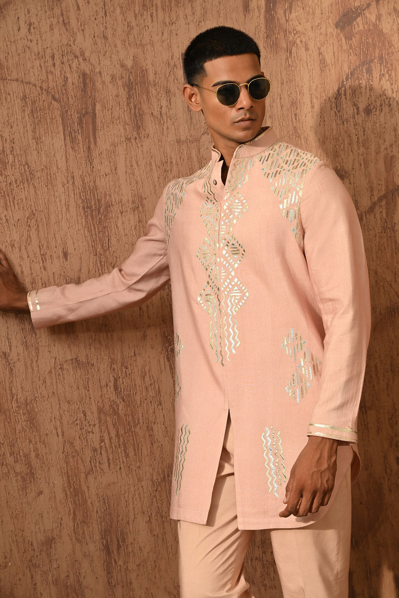 ROSE GOLD COTTON TUSSER mens kurta pant with leather work