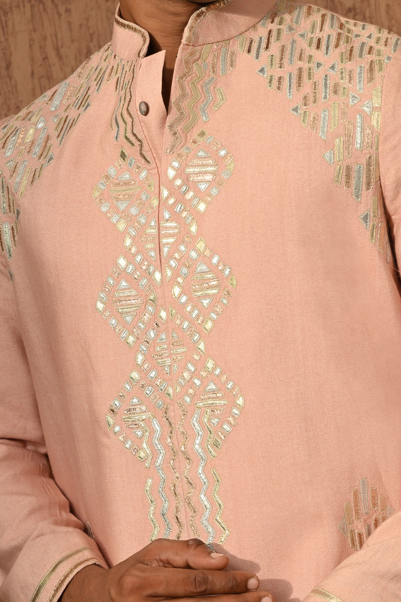 ROSE GOLD COTTON TUSSER mens kurta pant with leather work