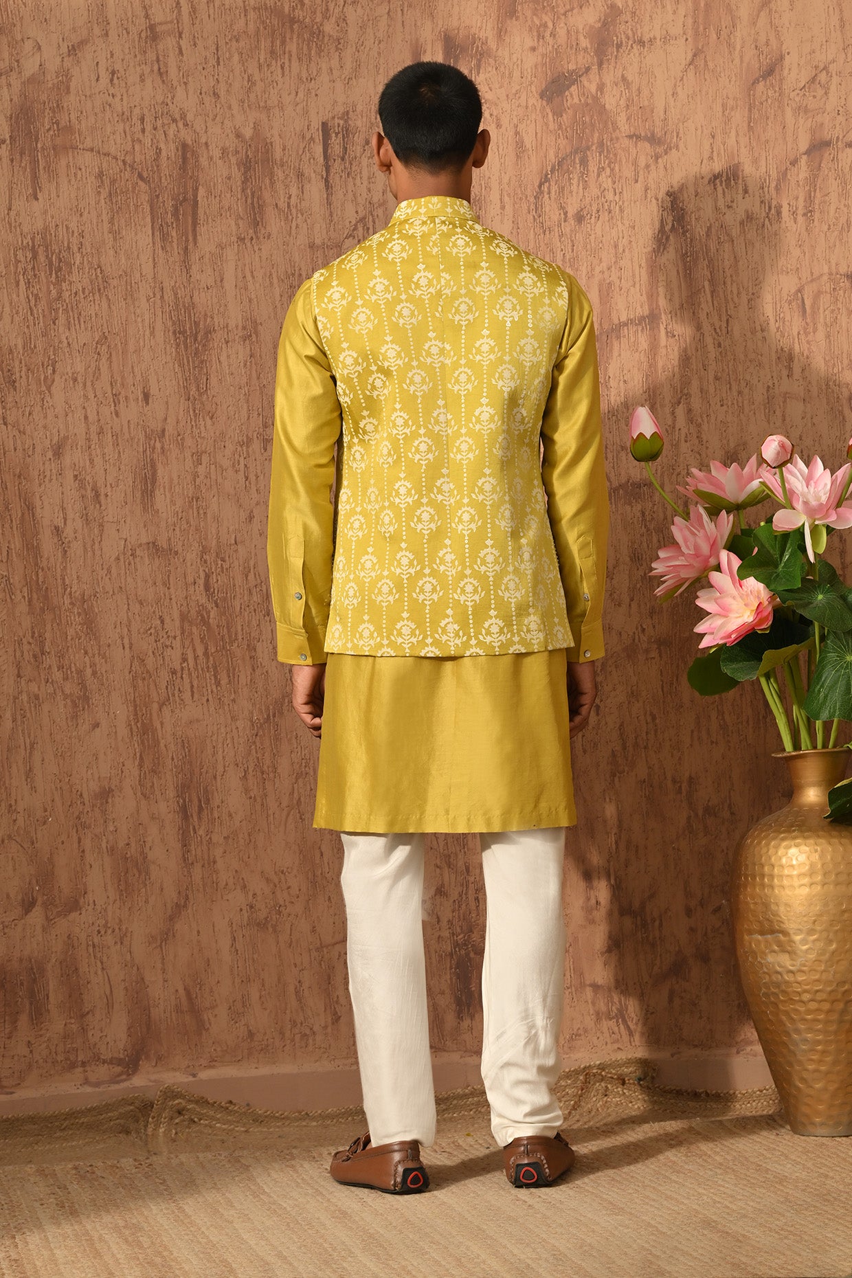 YELLOW LINEN SATIN mens kurta pajama nehru jacket with mirrorwork