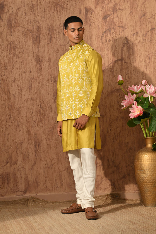 YELLOW LINEN SATIN mens kurta pajama nehru jacket with mirrorwork