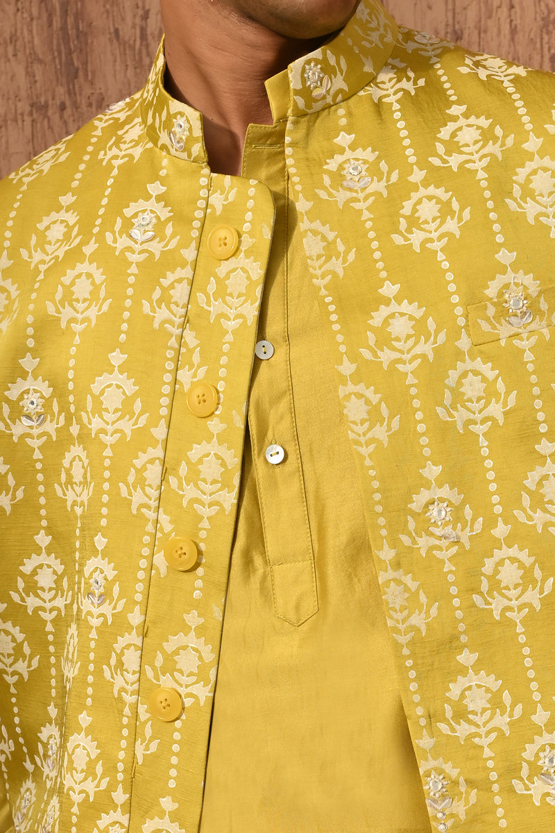 YELLOW LINEN SATIN mens kurta pajama nehru jacket with mirrorwork