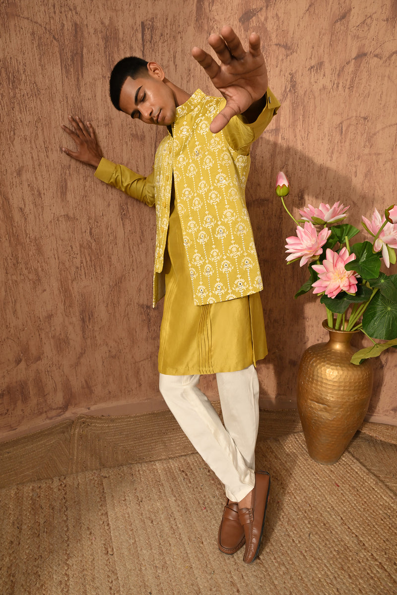 YELLOW LINEN SATIN mens kurta pajama nehru jacket with mirrorwork