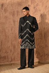 BLACK LINEN SATIN mens indowestern set with zardozi