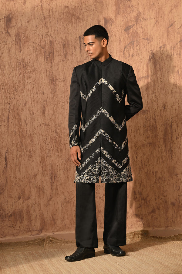 BLACK LINEN SATIN mens indowestern set with zardozi