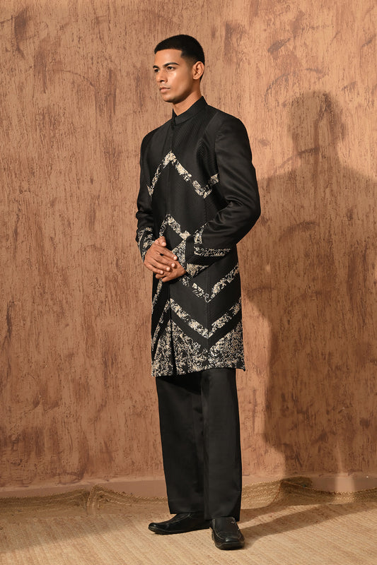 BLACK LINEN SATIN mens indowestern set with zardozi