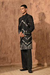 BLACK LINEN SATIN mens indowestern set with zardozi