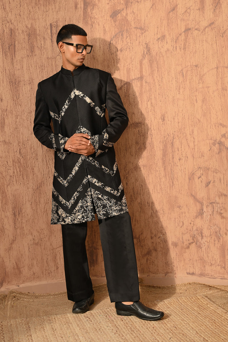 BLACK LINEN SATIN mens indowestern set with zardozi
