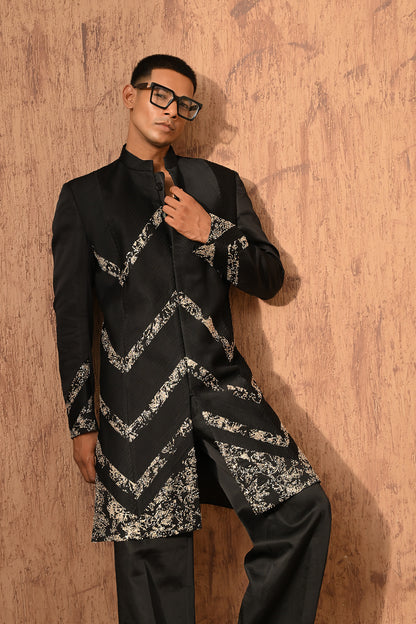 BLACK LINEN SATIN mens indowestern set with zardozi