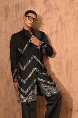 BLACK LINEN SATIN mens indowestern set with zardozi