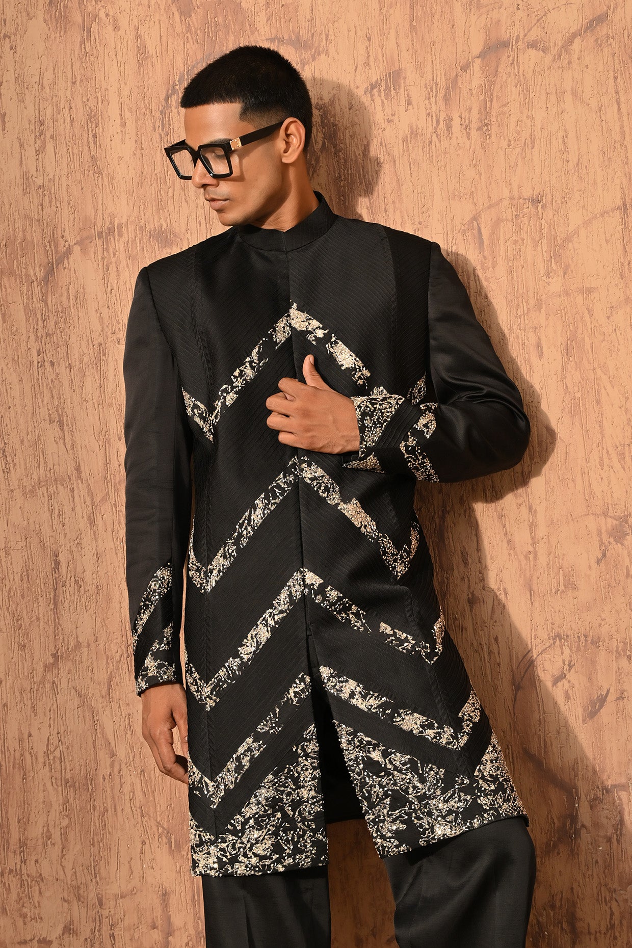 BLACK LINEN SATIN mens indowestern set with zardozi