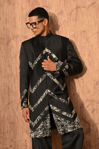 BLACK LINEN SATIN mens indowestern set with zardozi