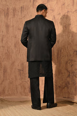 BLACK LINEN SATIN mens bandgala kurta pant with zardozi
