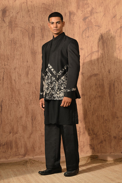 BLACK LINEN SATIN mens bandgala kurta pant with zardozi