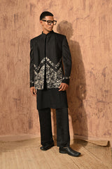 BLACK LINEN SATIN mens bandgala kurta pant with zardozi