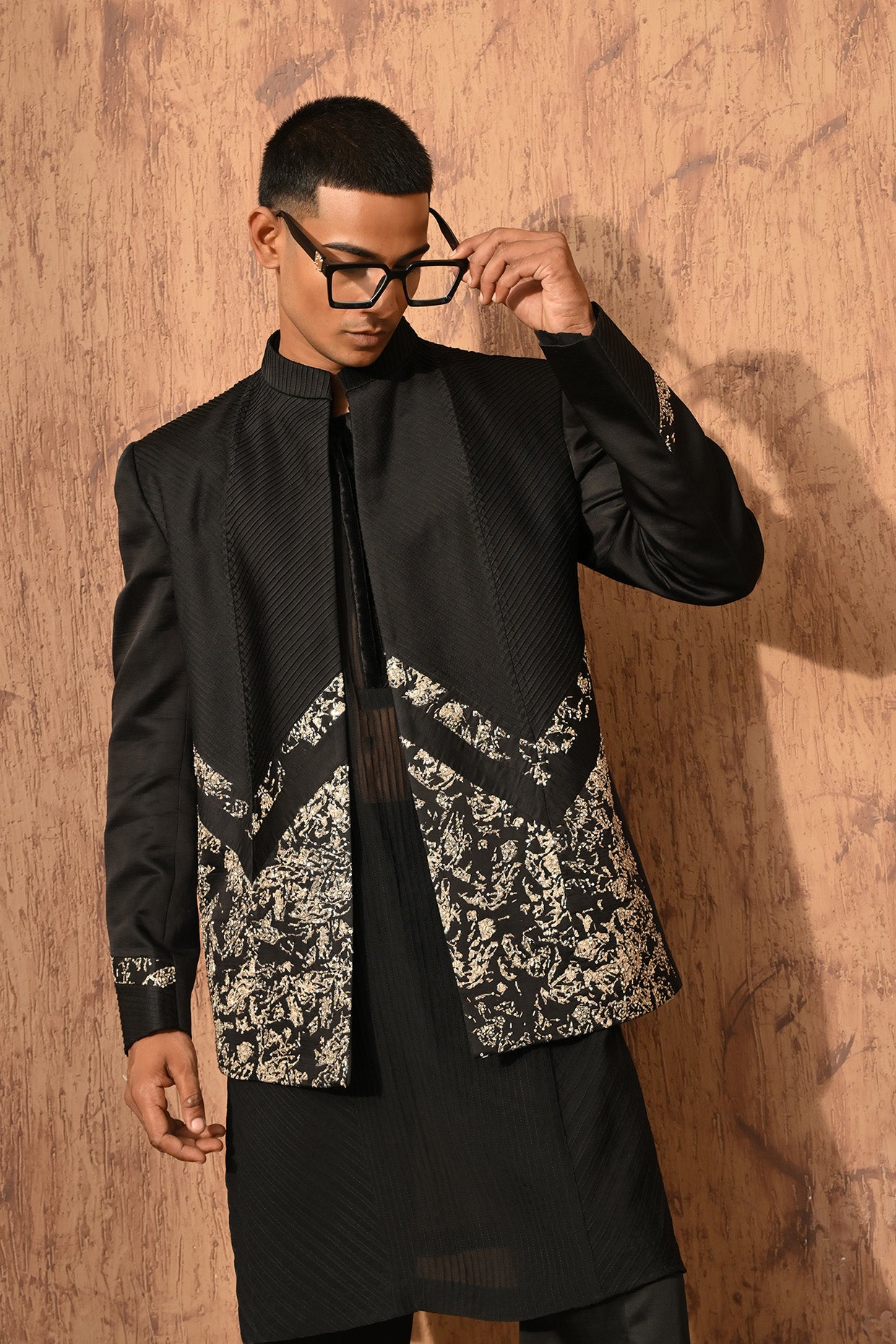 BLACK LINEN SATIN mens bandgala kurta pant with zardozi