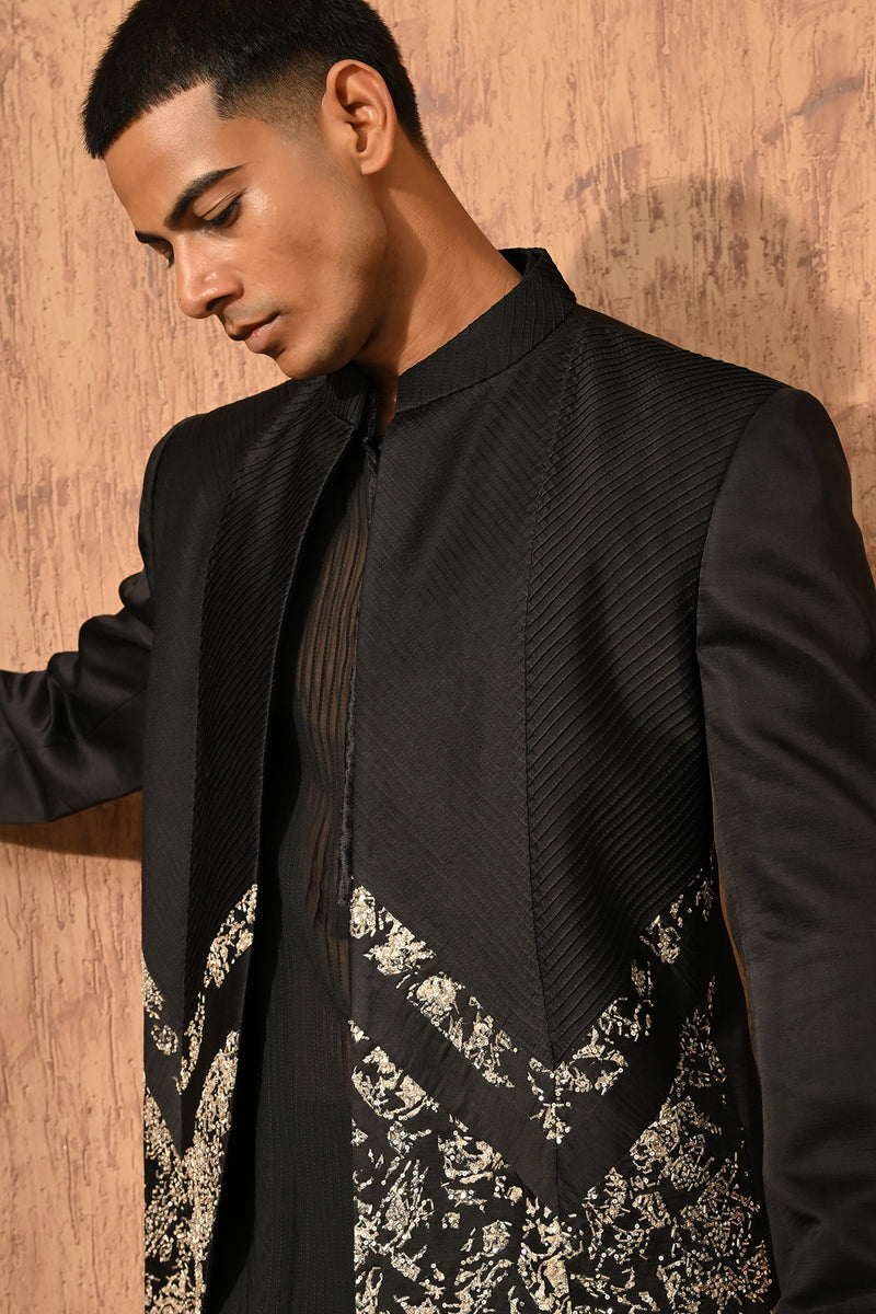 BLACK LINEN SATIN mens bandgala kurta pant with zardozi