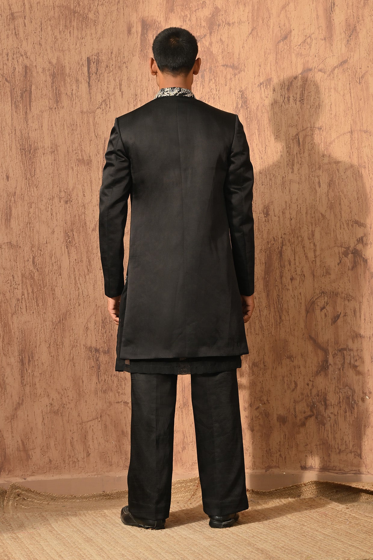 BLACK LINEN SATIN mens indowestern jacket kurta pant with zardozi