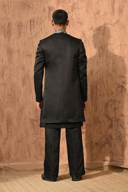 BLACK LINEN SATIN mens indowestern jacket kurta pant with zardozi