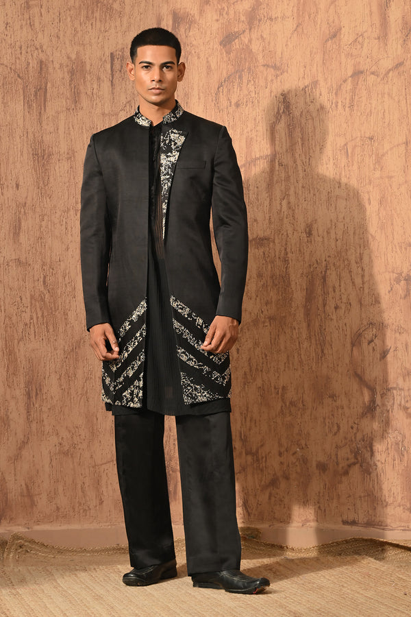 BLACK LINEN SATIN mens indowestern jacket kurta pant with zardozi
