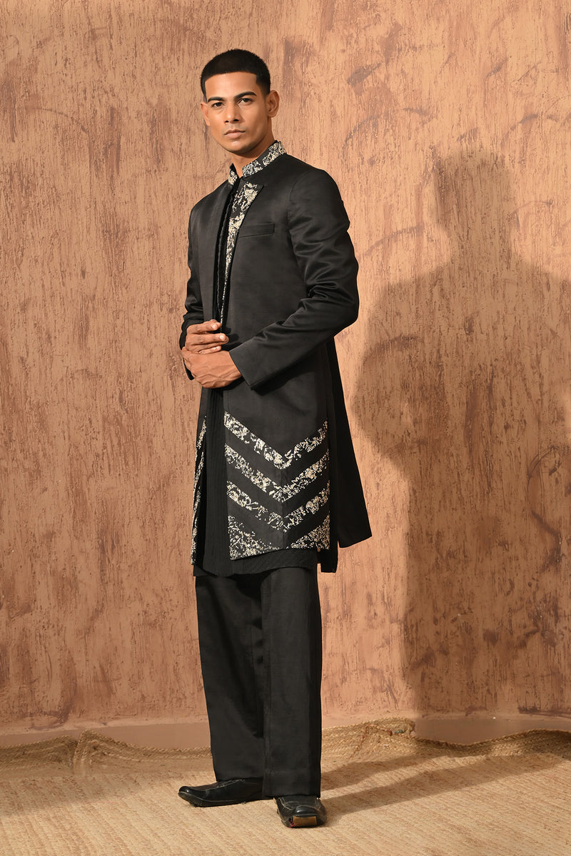 BLACK LINEN SATIN mens indowestern jacket kurta pant with zardozi