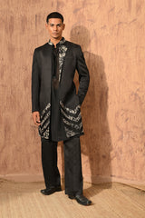 BLACK LINEN SATIN mens indowestern jacket kurta pant with zardozi