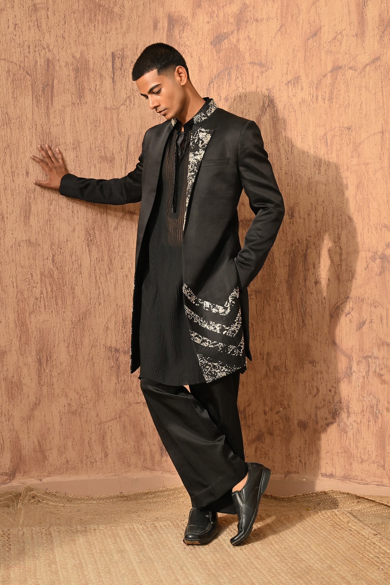BLACK LINEN SATIN mens indowestern jacket kurta pant with zardozi