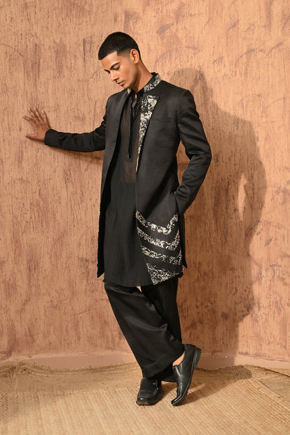 BLACK LINEN SATIN mens indowestern jacket kurta pant with zardozi