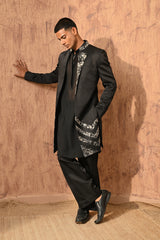 BLACK LINEN SATIN mens indowestern jacket kurta pant with zardozi