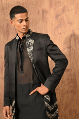 BLACK LINEN SATIN mens indowestern jacket kurta pant with zardozi