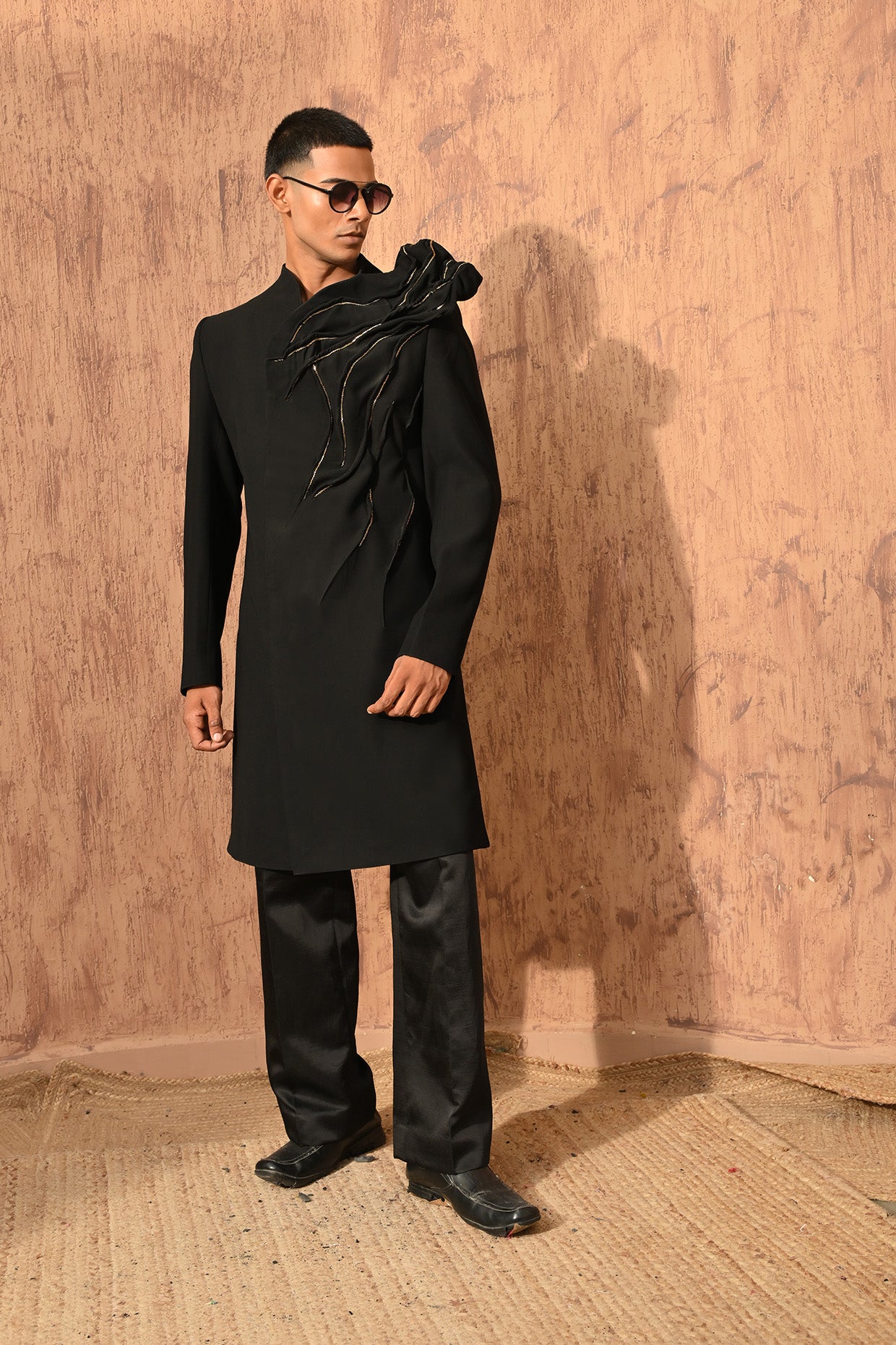 BLACK JAPANESE mens indowestern set with wire work and zardozi