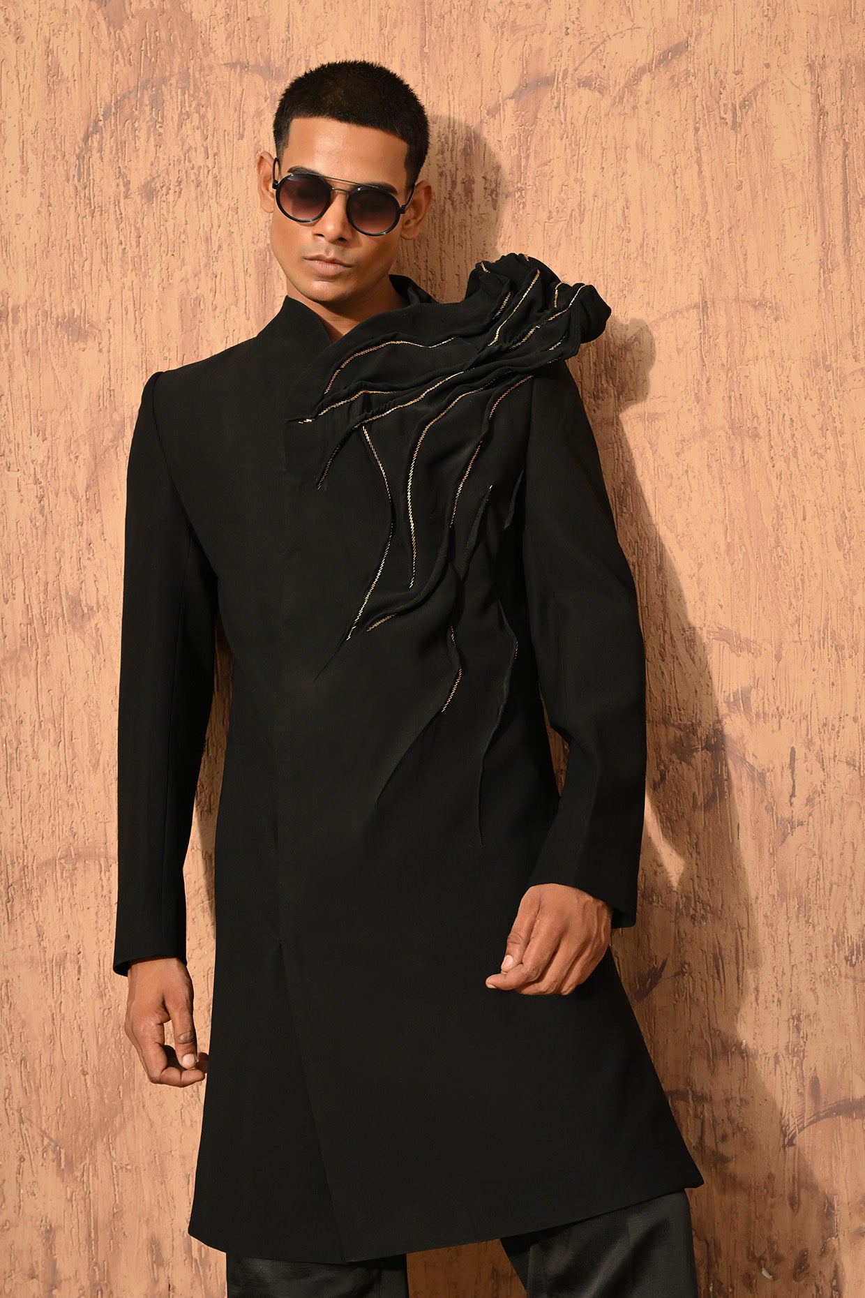BLACK JAPANESE mens indowestern set with wire work and zardozi